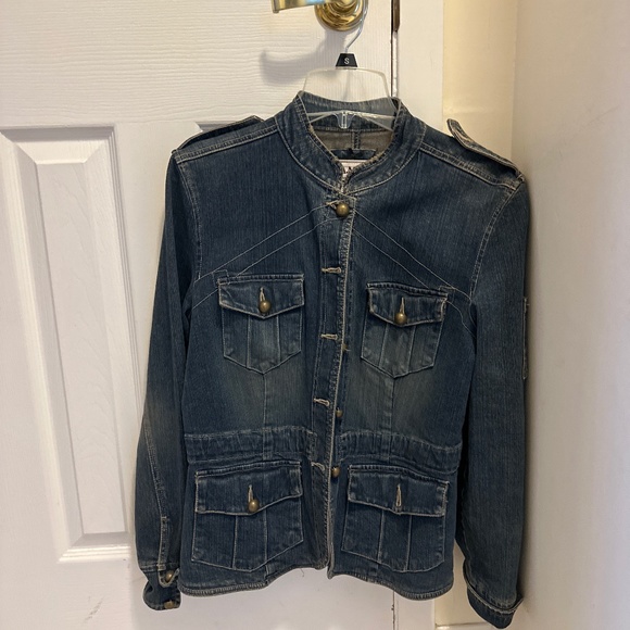 Denim Jacket with style.  Neru neck.  Brass buttons- detail- detail- detail - Picture 1 of 4
